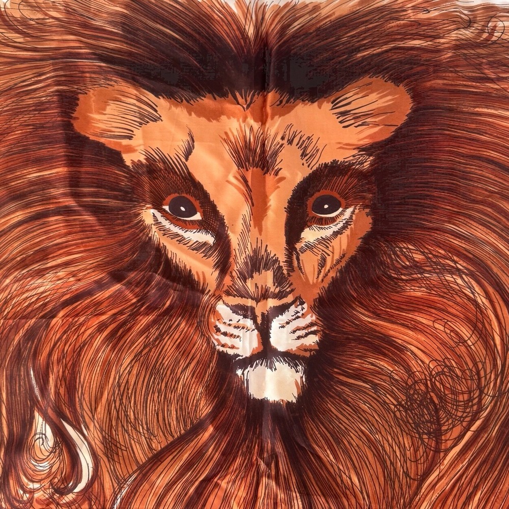 Vintage Lion Face Graphic Square Scarf Brown Cream Animal Print Neck Head Wrap